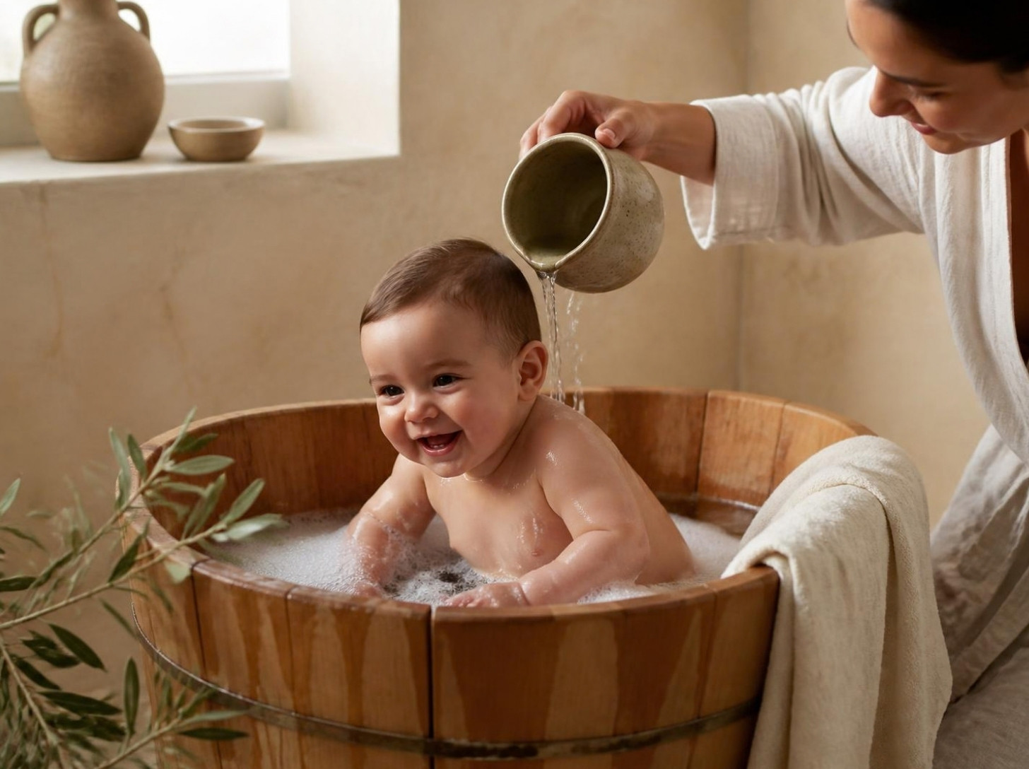 Bébé souriant dans un bain en bois