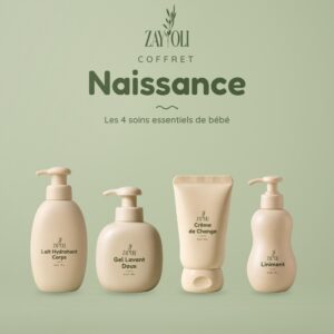 Coffret Naissance Zayoli : lait hydratant corps, gel lavant doux, crème de change et liniment, flacons beiges sur fond vert sauge