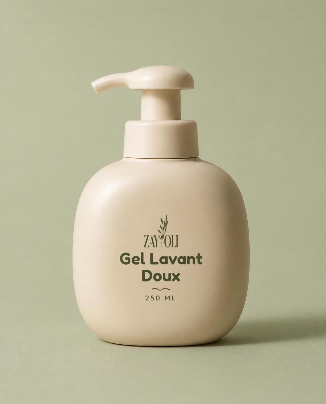 Gel Lavant Doux Zayoli, flacon pompe beige sur fond vert sauge