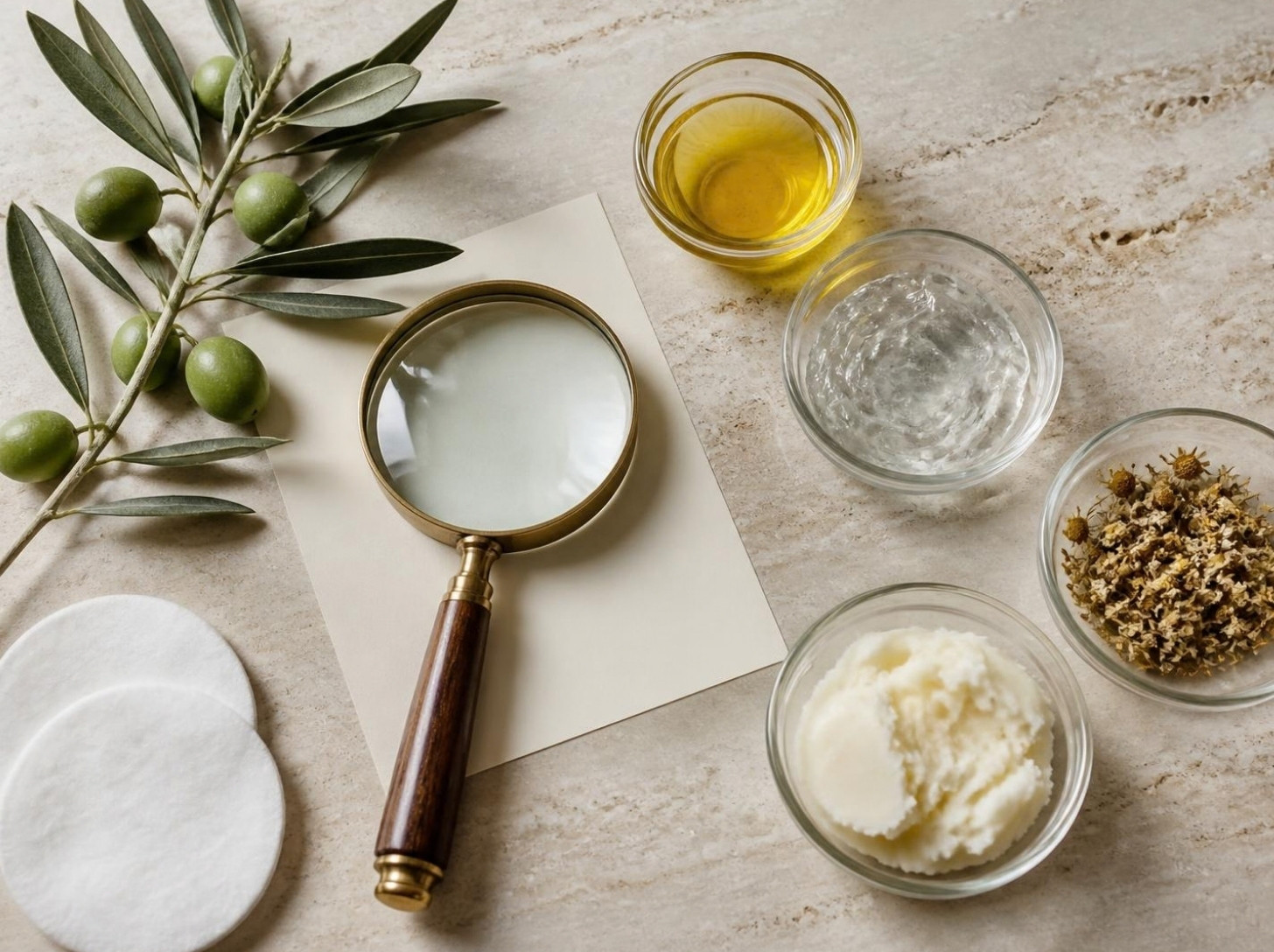 Loupe et ingrédients naturels pour cosmétiques bébé