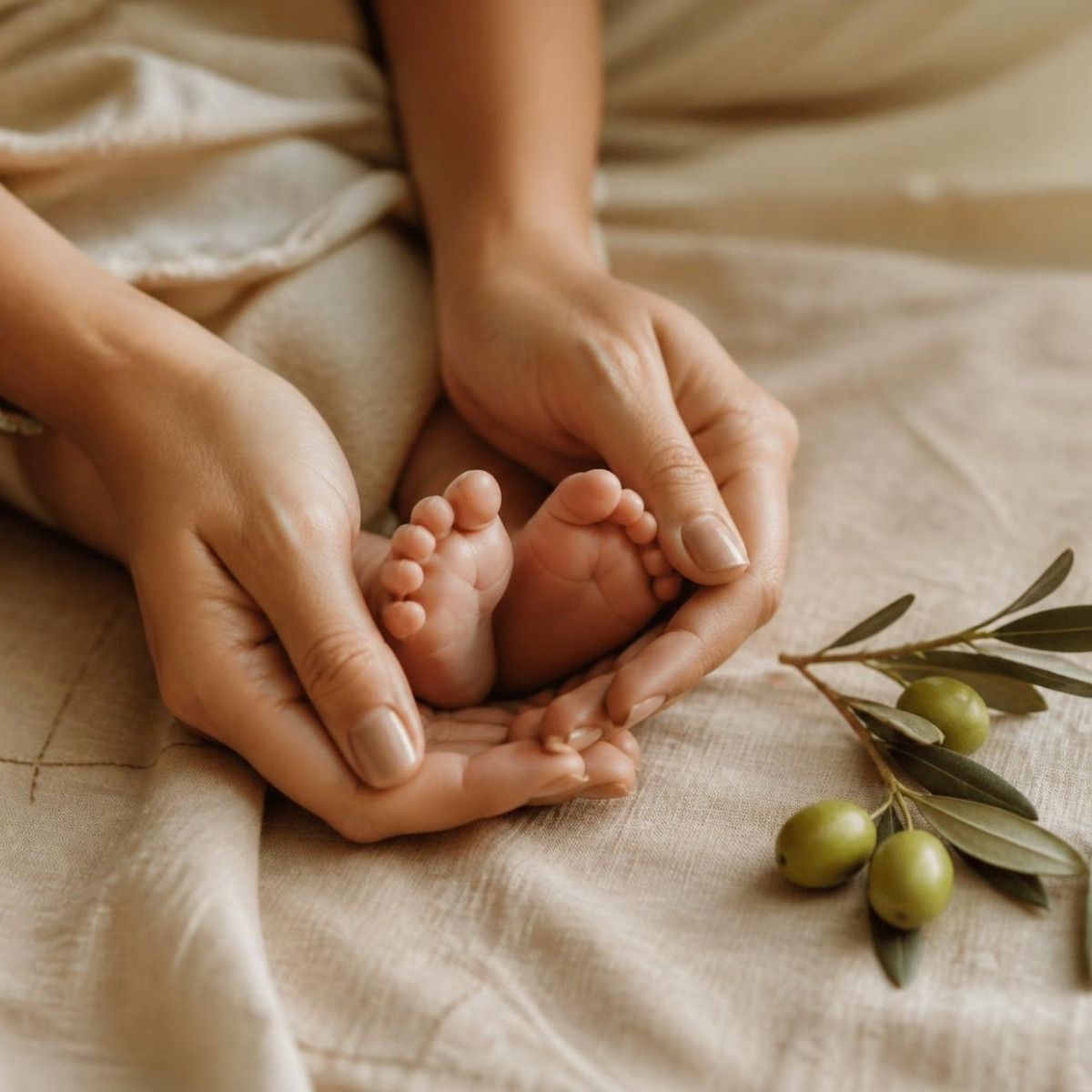Mains d’une maman tenant les pieds de son nouveau-né sur un lange en lin