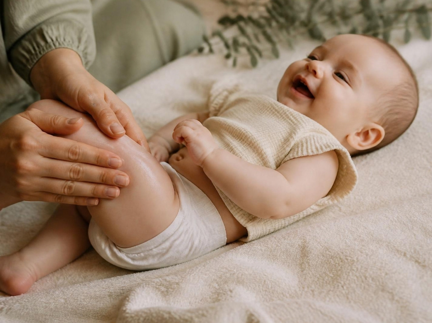 Maman massant la jambe de son bébé avec un lait hydratant
